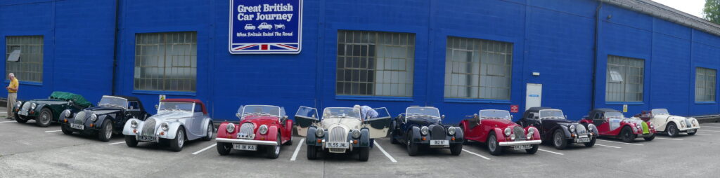 Row of Morgans parked outside The Great British Car Journey